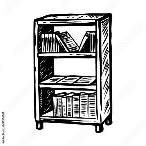 A vintage style illustration showing a wooden bookshelf