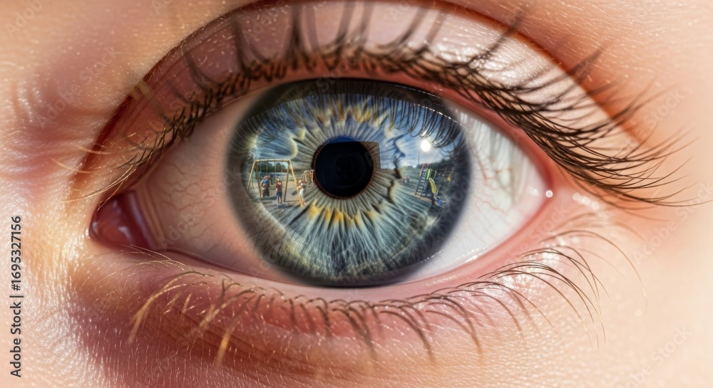 Fototapeta premium Close up of a human eye with playground reflection for ophthalmology and vision care concepts use image