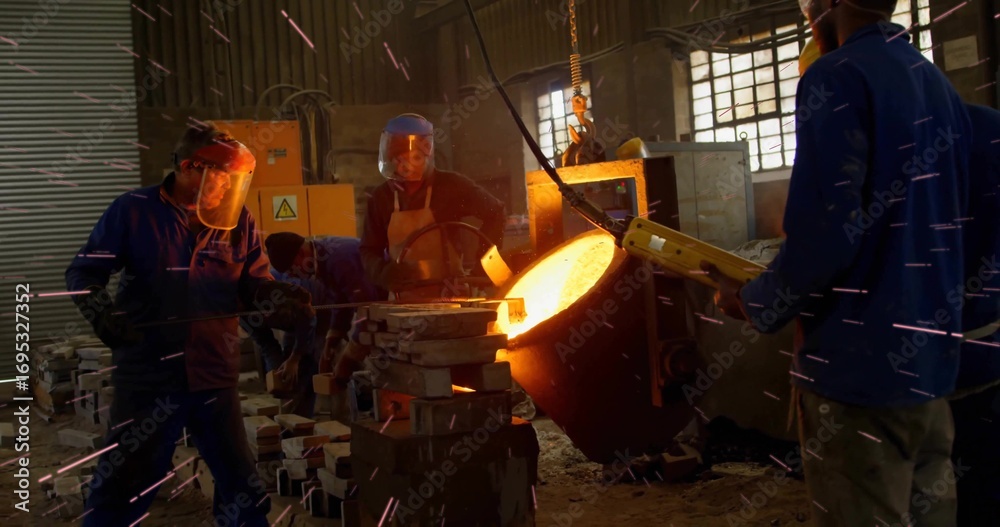 Fototapeta premium Pouring workers guiding molten metal from ladle in foundry shop with hoist chain molds face shields