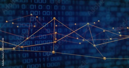 Obraz Displaying network graph over deep blue field of binary digits, featuring gold nodes and thin lines