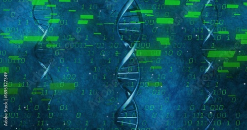 Принти на полотні Displaying central DNA double helix rotating amid teal-blue data realm, with flo