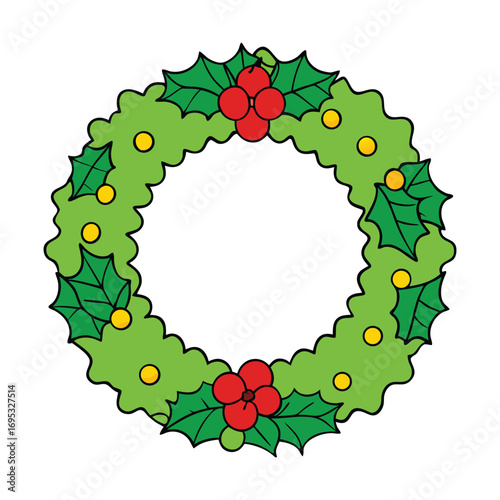 A festive Christmas wreath adorned with evergreen branches, bright red berries, pinecones, and a cheerful bow, symbolizing holiday warmth, joy, and celebration.
