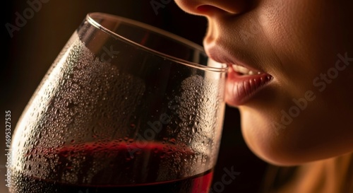 Woman drinking red wine close up shot of wine glass with condensation and lips enjoying the beverage