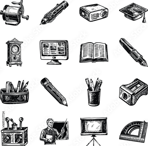 Bundle of School Supplies Vintage Illustrations 

