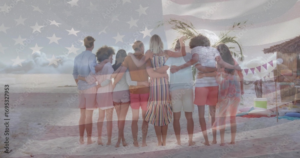 Fototapeta premium Linking arms friends standing on sandy beach, with thatched-roof hut, bunting, balloons, cooler