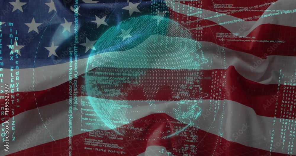 Naklejka premium Displaying hologram globe floating in digital backdrop, with American flag code streams and digits