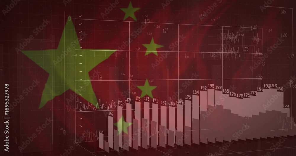 Naklejka premium Showing 3D bar chart visualizing data on trading platform, with Chinese flag stars and line graphs