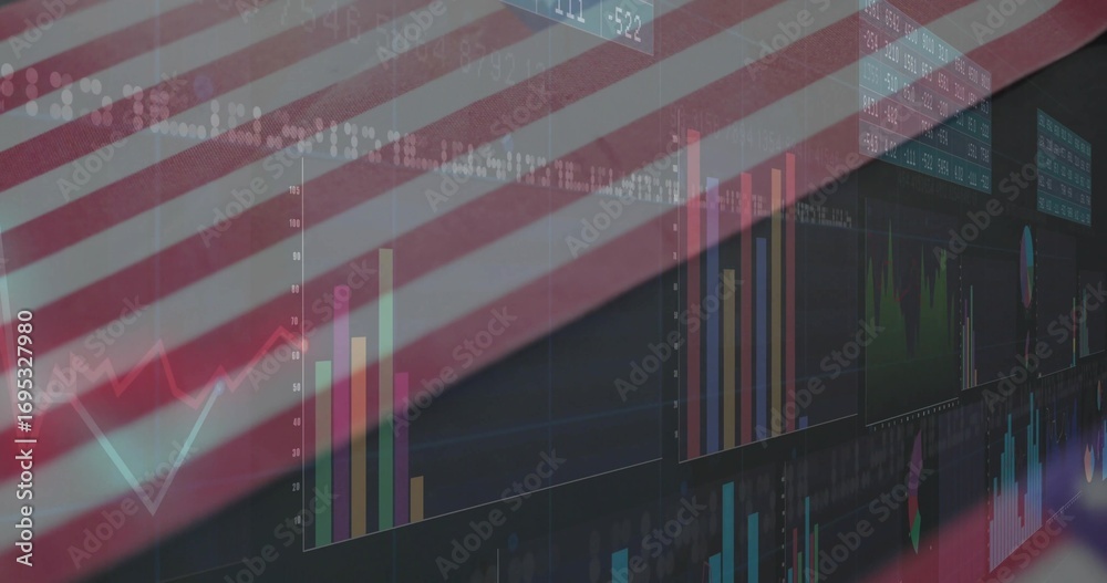 Naklejka premium Displaying translucent flag stripes over finance interface, featuring bar and line graph panels