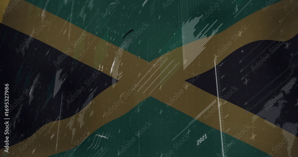 Naklejka premium Displaying stylized Jamaican flag graphic flickering in digital environment, with glitch artifacts