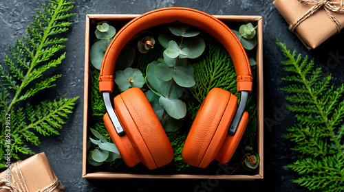 Stylish Orange Headphones Placed in a Gift Box With Greenery and Decorative Elements for a Modern Presentation