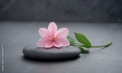 Elegant pink blossom resting on smooth stone evokes calm and serenity promoting wellness relaxation spa