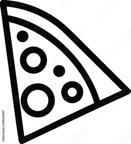 Simple black and white outline of a single pizza slice with toppings