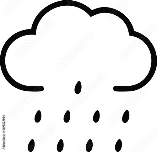 Simple outline of a cloud with falling rain drops, symbolizing bad weather or a rainy day.