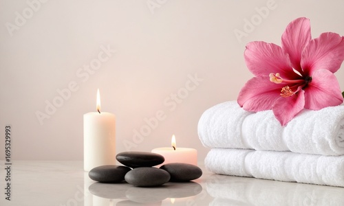 Relaxing spa ambiance with vibrant hibiscus, smooth stones, and fluffy towels for wellness promotion
