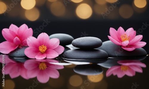 Find your zen with this stunning spa inspired lotus blossom and balancing stones still life image