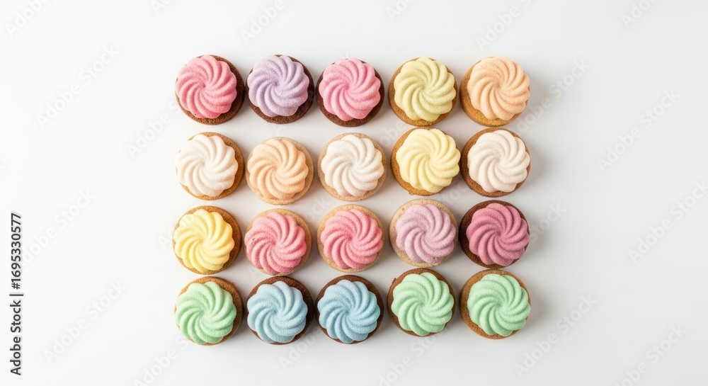 Obraz premium Colorful and Delightful Collection of Meringue Cookies Artistic Display of Sweet Treats on a White Background Perfect for Dessert Lovers
