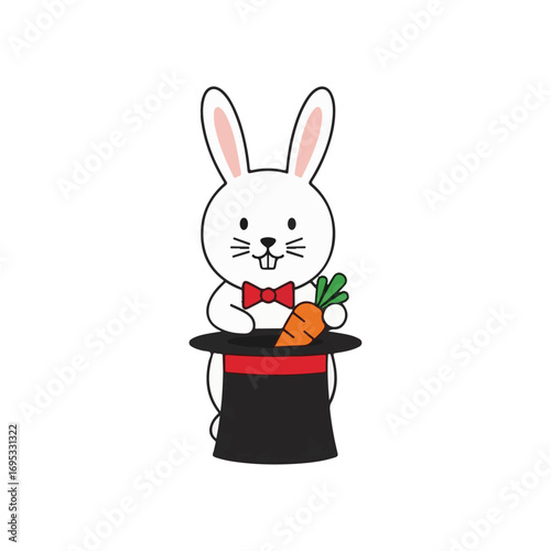 Cute Cartoon Rabbit Magician Character with a Carrot in a Top Hat, a Charming and Magical Mascot for Entertainment Designs