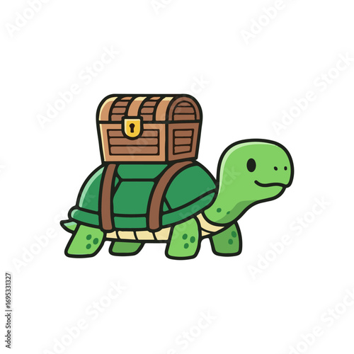 Cute Cartoon Turtle Character Carrying a Treasure Chest on its Shell, a Charming and Adventurous Mascot for Travel and Gaming
