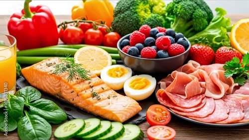 A vibrant arrangement of fresh and cooked ingredients including salmon vegetables fruits eggs and various sliced meats presented on a wooden surface