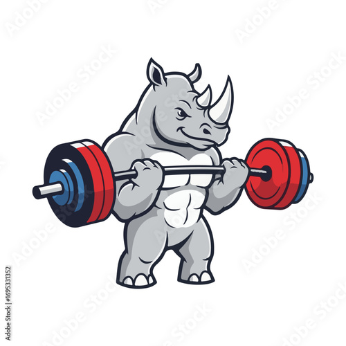 Cute Cartoon Rhinoceros Character Lifting a Heavy Barbell, a Powerful and Strong Mascot for Fitness and Gym Designs