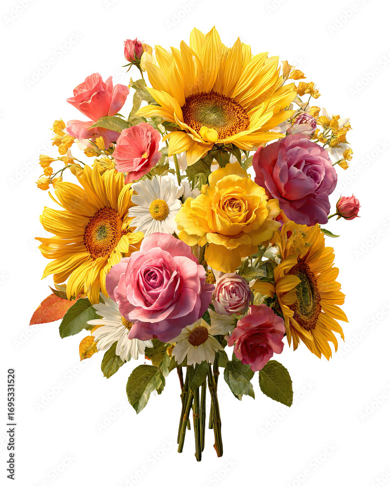 Fototapeta premium Bright Summer Bouquet with Sunflowers, Daisies, and Roses on Transparent Background