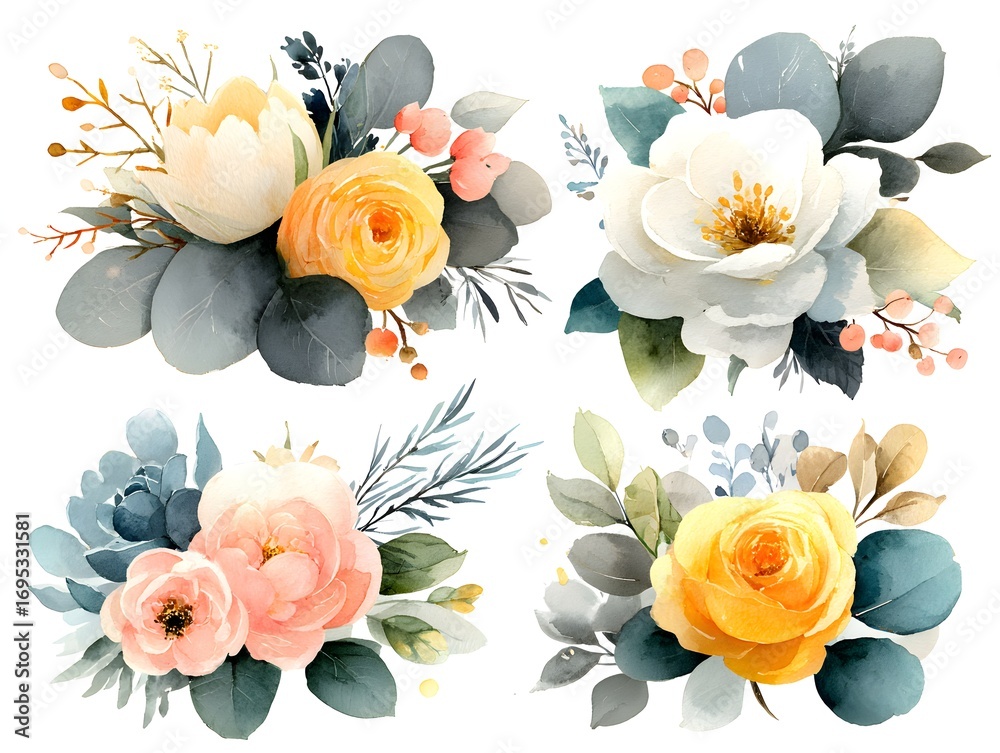 Fototapeta premium Watercolor floral arrangement featu roses, peony, eucalyptus, and berries for decorative illustration.