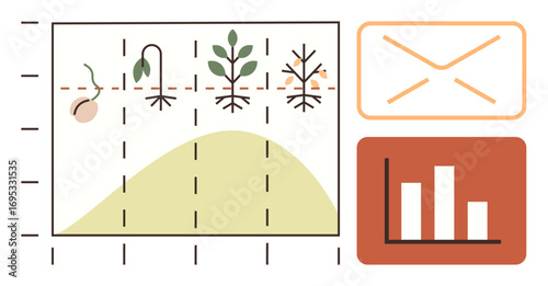 Roots and sprouts display plant growth stages next to bar graph and envelope outline. Ideal for agriculture, data analysis, science, communication, farming, education, simple flat metaphor