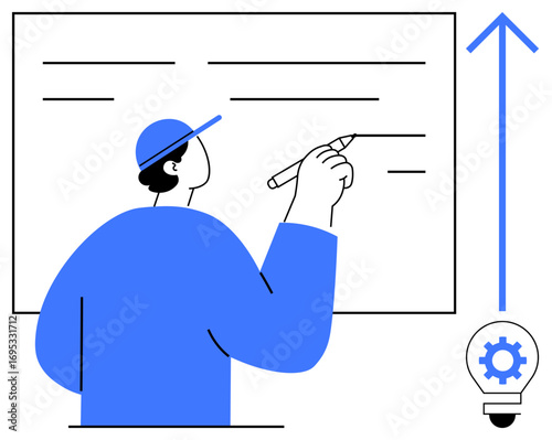 Person drawing on board, upward arrow symbolizing growth, light bulb with gear for creativity, strategy, development, education, problem-solving, teamwork innovation. Ideal for leadership visuals