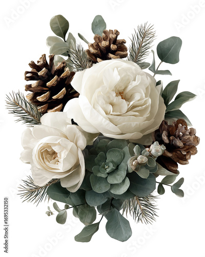Winter Bouquet with White Roses, Pinecones, and Eucalyptus on Transparent Background