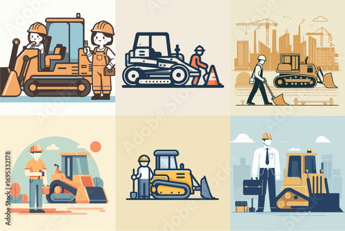 vector illustration set of people workers and bulldozer excavator