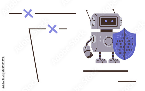 Robot holding a shield with binary code, symbolizing cybersecurity, AI defense, and data safety. Ideal for technology, data protection, innovation, AI security, IT automation and privacy themes