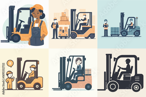 vector illustration set of a worker and a forklift excavator