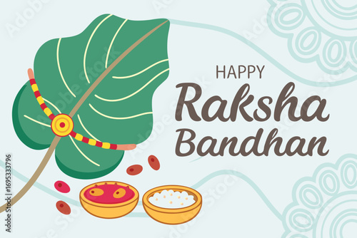 Happy Raksha Bandhan illustration with green leaf rakhi and sweets Indian festival brother sister