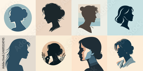 vector illustration set of aesthetic female head silhouettes