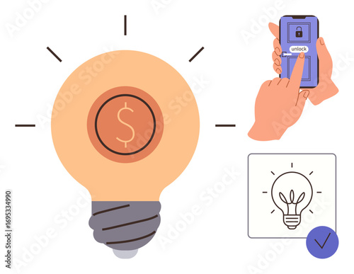 Light bulb with dollar sign, smartphone unlocking with hand touch, checklist icon. Ideal for finance, entrepreneurship, technology, idea development, innovation startup mobile solutions. Simple