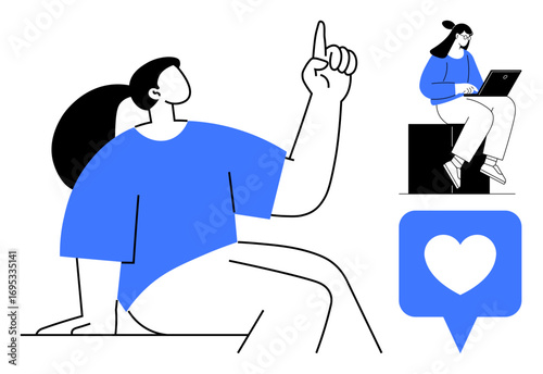 Woman gesturing thoughtfully and another working on a laptop, accompanied by a heart icon. Ideal for creativity, brainstorming, online interaction, self-expression, digital workspaces, productivity