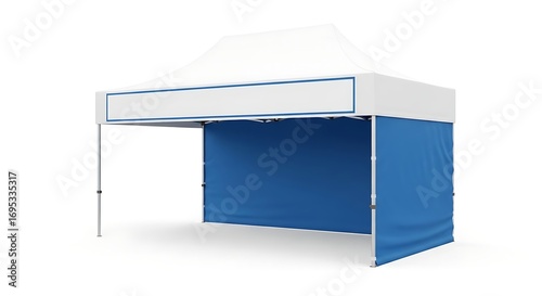 Sleek Blue and White Pop-Up Canopy Tent with Blank Valance for Branding Mockup, Isolated on a Clean White Background.