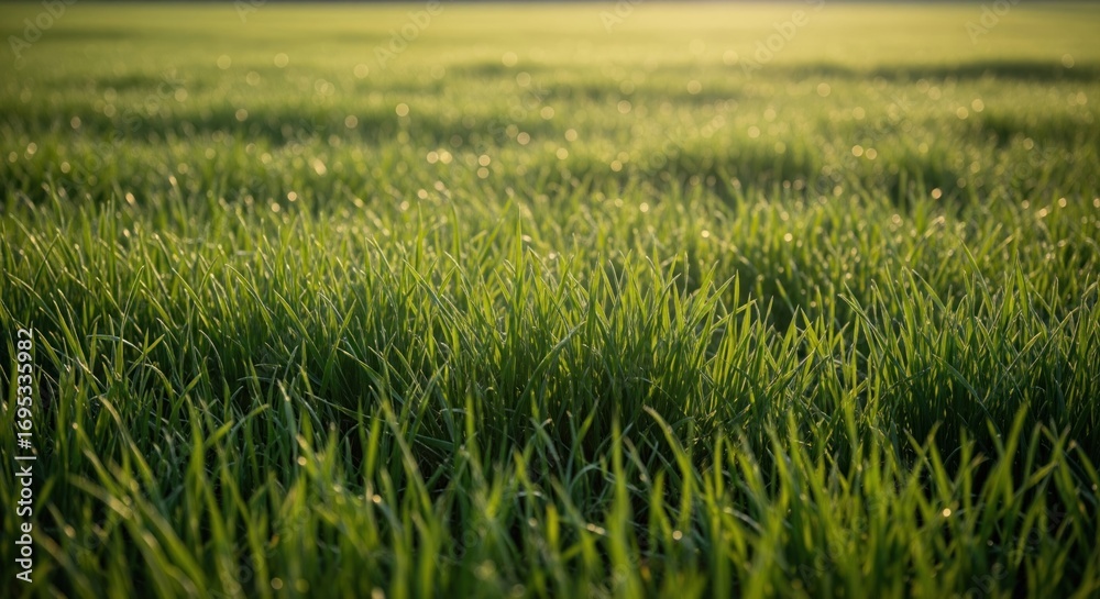 Obraz premium Lush green grass field bathed in golden sunlight