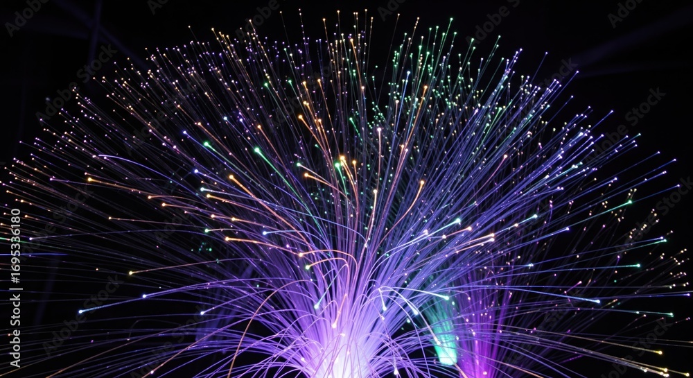 Obraz premium Multicolored fiber optic lights burst outward against a black background