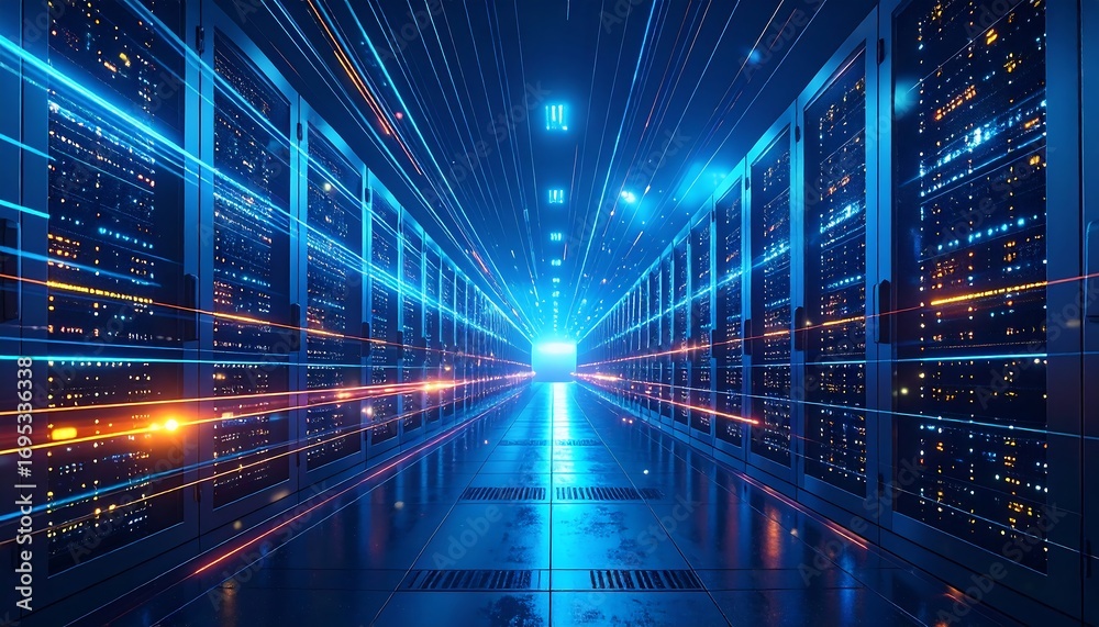 Fototapeta premium Futuristic server room, high-speed data