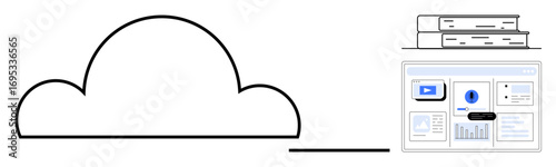 Cloud outline linking to books and a laptop screen showcasing files, charts, and videos. Ideal for education, technology, cloud storage, digital learning, hybrid systems, online resources simple
