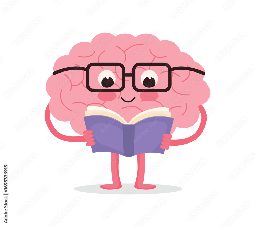 Fototapeta premium Cute brain character reading book wearing glasses