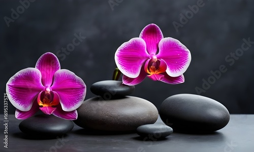 Elegant pink orchids accent smooth spa stones creating a tranquil wellness still life scene for mindful relaxation