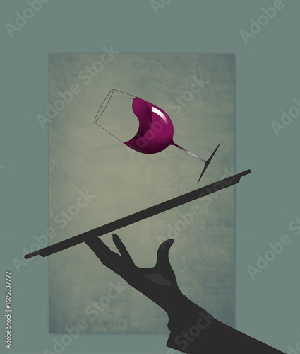 Wine on a tray held by a waiter is seen tipping and spilling red wine in a 3-d illustration with copy space.