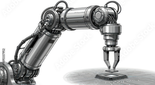 Automated precision: robotic arm placing microchip on circuit board illustration