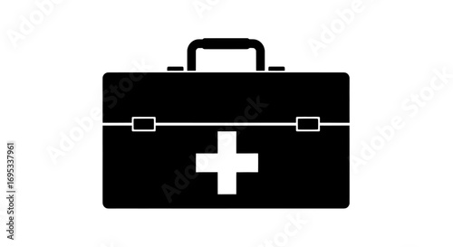 Black and white simple graphic illustration of a medical first aid box emergency kit symbol