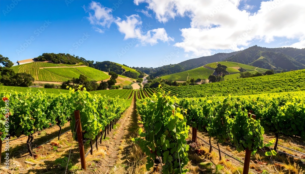 Naklejka premium Lush vineyard landscape under a vibrant sky