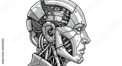 Detailed illustration of a futuristic humanoid robot head design revealing inner mechanisms