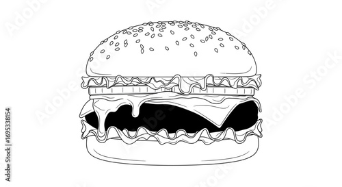 Detailed line art illustration of a burger with sesame seeds on a white background