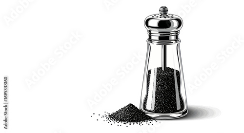 Detailed illustration of a pepper shaker filled with peppercorns and a small pile next to it